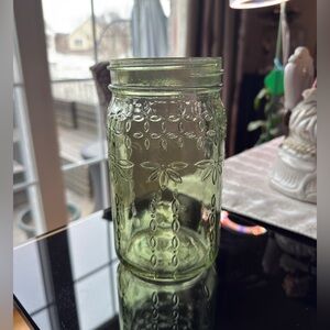 Syndicate Home & Garden Vintage Green Glass Mason Jar Floral Embossed - Nice!!!